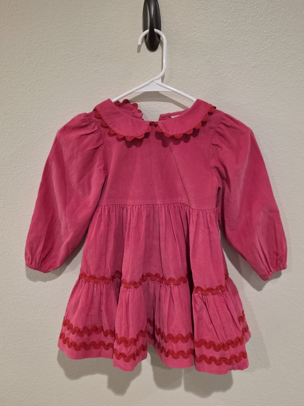 Mini Boden Bright Pink Corduroy Long-Sleeve Ruffle Collar Dress
